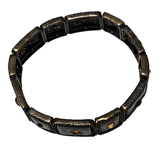 Vintage Antique Gold Silver Tone Metal Links Stretch Bracelet Etched Design - Picture 2 of 5